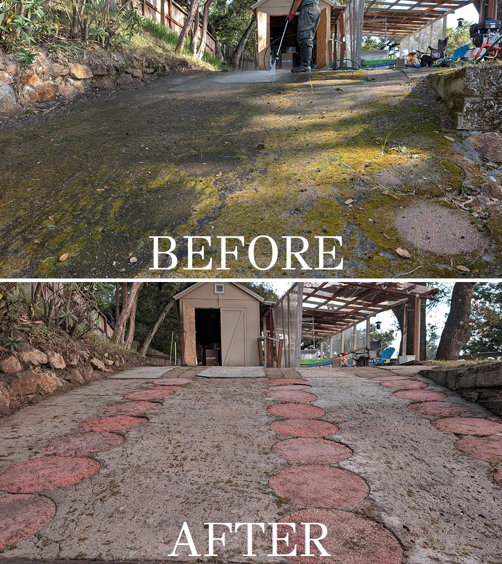 Before and after driveway pressure cleaning transformation.